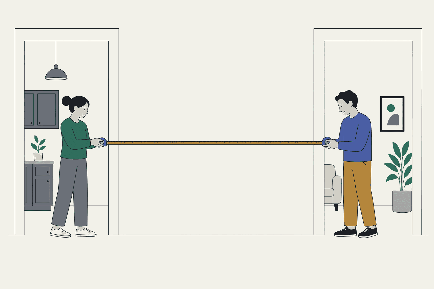 Two people holding either end of a long tape measure stretched across a wide opening between two rooms.